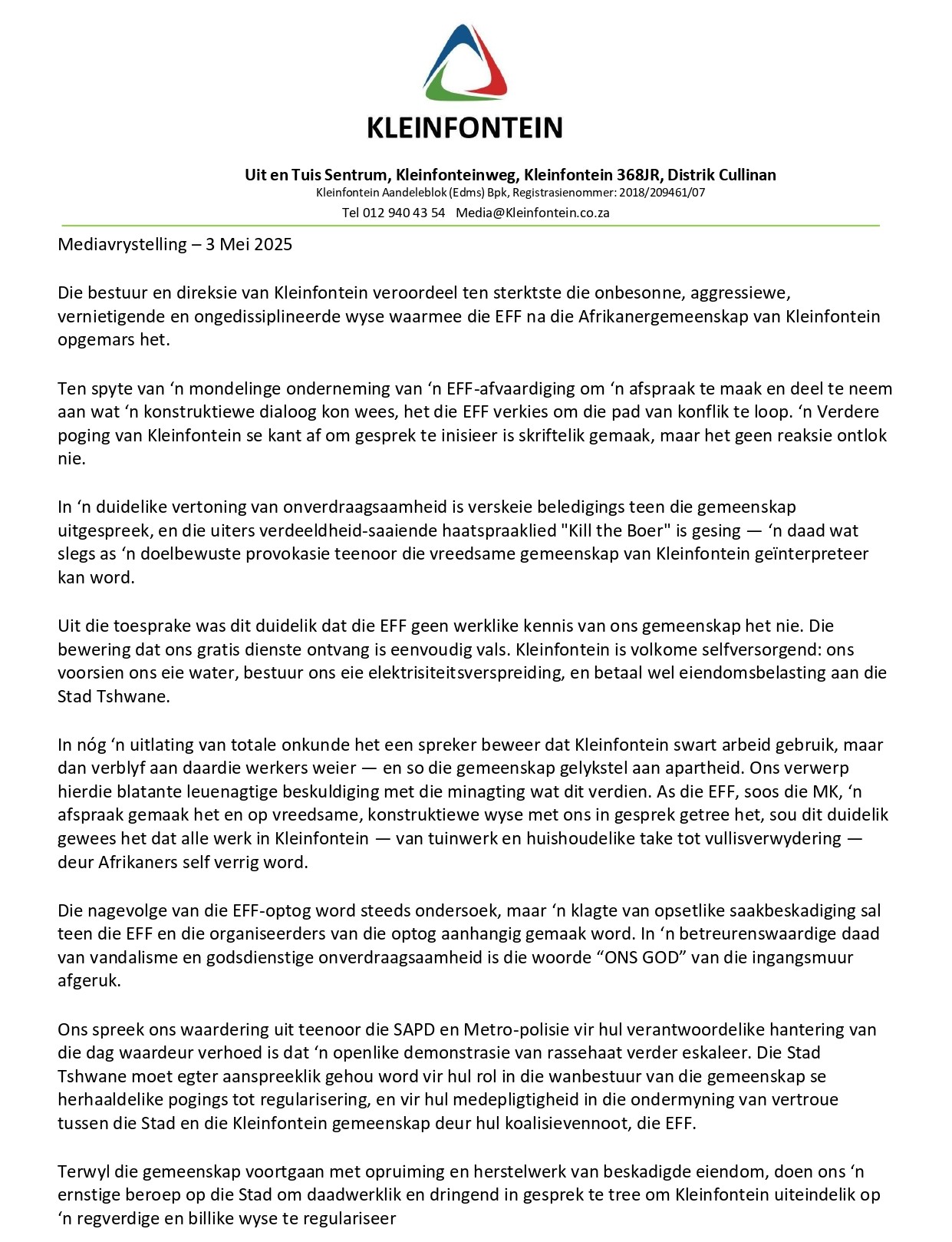 3 Mei 2025 Media verklaring
